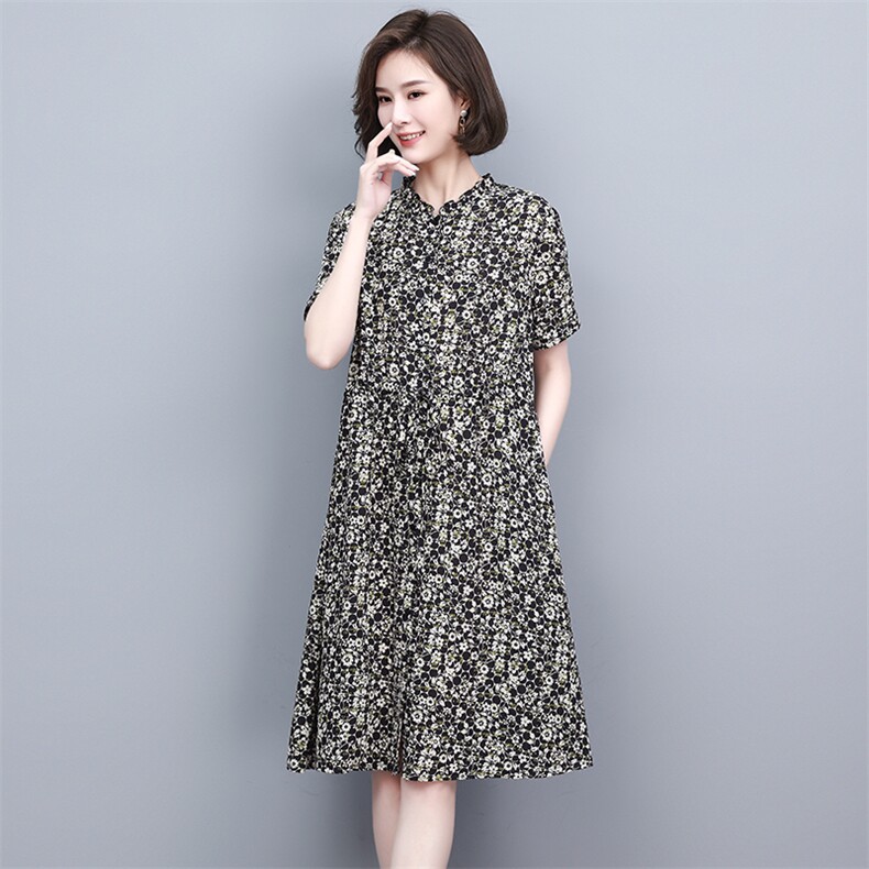 2023夏季新款时尚气质收腰显瘦休闲舒适花色连衣裙,女装连衣裙,独衣靓
