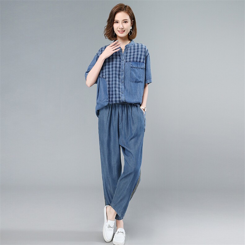 2021夏季新款简约时尚气质格子拼接水洗牛仔套装,女装套装/套裙,叶笙衣