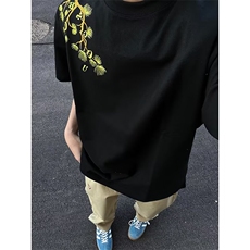美式罗汉松刺绣短袖男夏季新款字母花卉重磅时尚T恤潮牌情侣半袖，男装T恤，星座506A