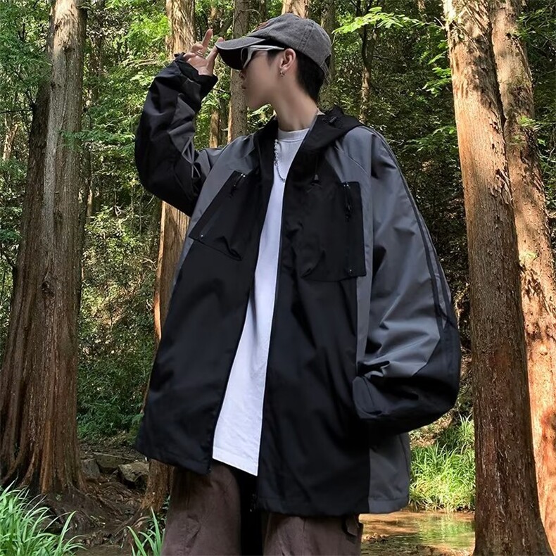A660-P62山系户外宽松冲锋衣男款夏季日系撞色拼接连帽夹克外套,男装夹克,星座512-6