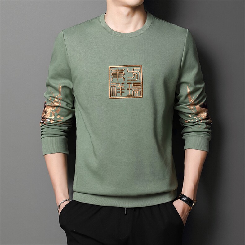 潮刺绣卫衣2023春季新款中青年男装上衣服圆领长袖纯色打底t恤,男装卫衣,电商B212（原钱塘6029）