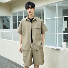 短袖短裤两件套衬衫套装男夏高级感薄款宽松休闲外套YP2509-P115，男装休闲套装，电商A355（原A415）