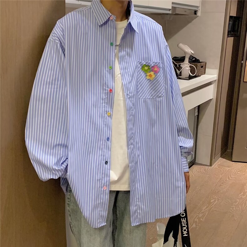 长袖衬衫男港风日系韩版潮流帅气衬衣送配饰胸针花花QC10P40图片