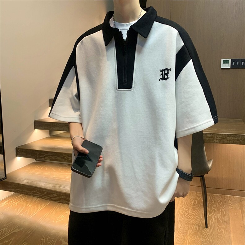 T3010-P32美式潮牌拼接拼色半拉链领短袖,男装T恤,星座1501-1