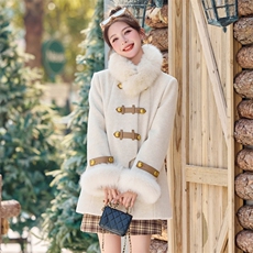 小香风毛呢羽绒服女2024冬新款狐狸毛中长款白鸭绒内胆呢大衣外套，女装羽绒服，雅静靓衣