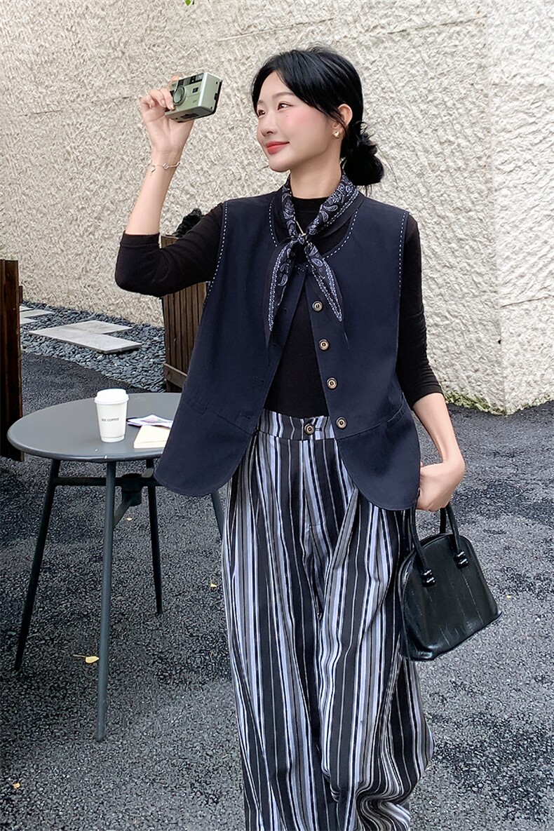 韩系通勤风马甲套装女2025秋新款时尚气质高级感条纹阔腿裤两件套,女装运动套装,浙宝285（原212）