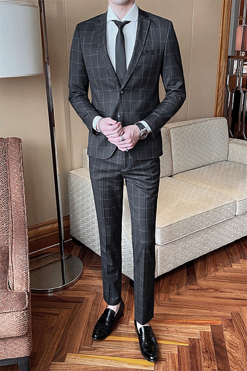 2021春款西装套装格子两件套高品质职业套装工作服男装815,男装西服套装,电商D225