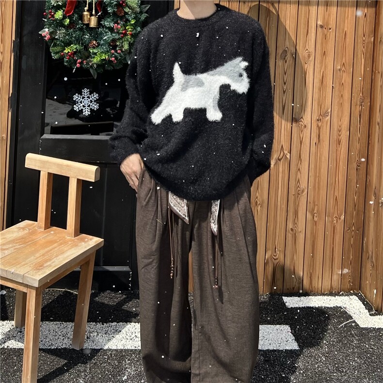 网图水貂毛小狗圆领毛衣宽松慵懒风针织衫情侣A025-HM1459-P50,男装针织衫/毛衣,电商A025