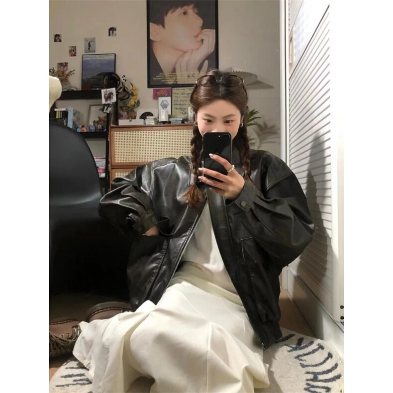 复古高级感翻领宽松短款欧美风飞行员夹克皮衣外套Y1014-P68网图,女装风衣,电商B245