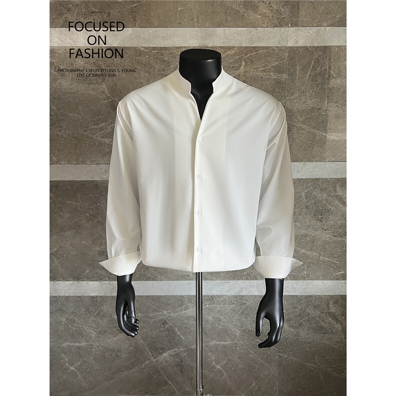 2026老钱风立领男士长袖宽松衬衫白S123/P65控98，男装衬衫，电商A242