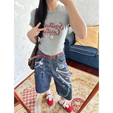 美式高街链条印花七分牛仔裤女夏季新款宽松阔腿短裤LB30399-P55，男装牛仔裤，星座1008