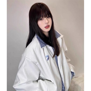 复古假两件格子拼接皮衣夹克男女春秋冬宽松休闲外套 JW277图片