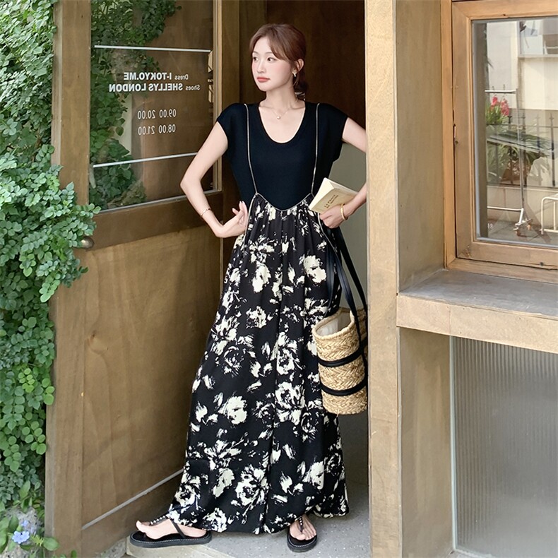 法式复古印花吊带高腰阔腿裤两件套女2025夏季新款黑色T恤连体裤,女装套装/套裙,2C255