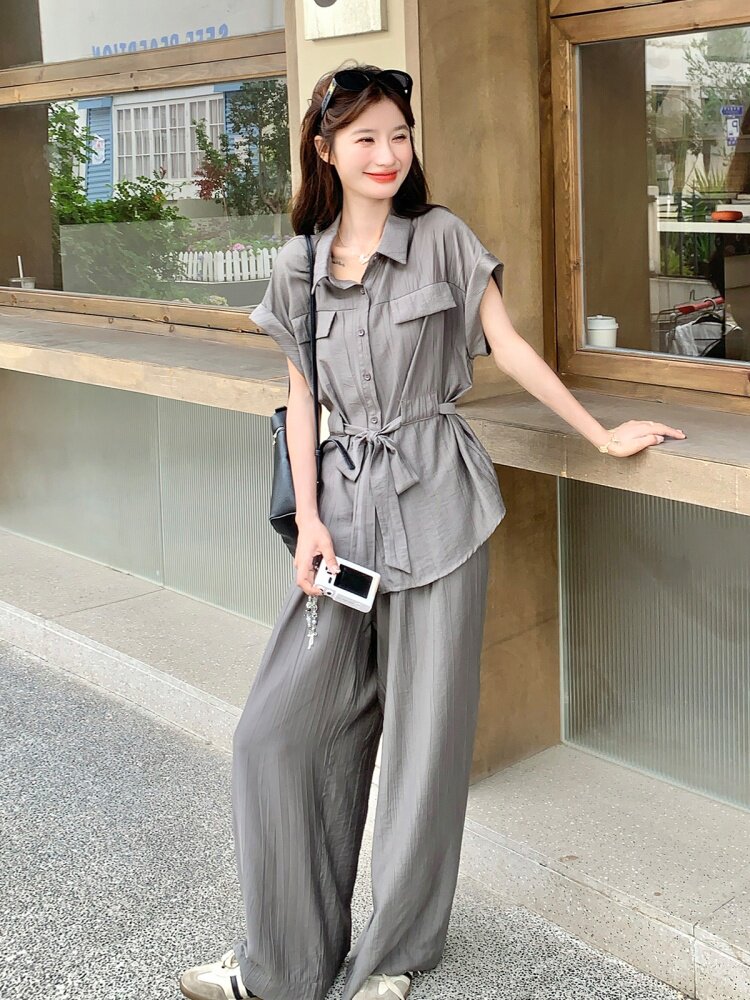 灰色设计感夏日穿搭套装女新款韩系休闲宽松高级感长裤两件套,女装套装/套裙,莘蕾