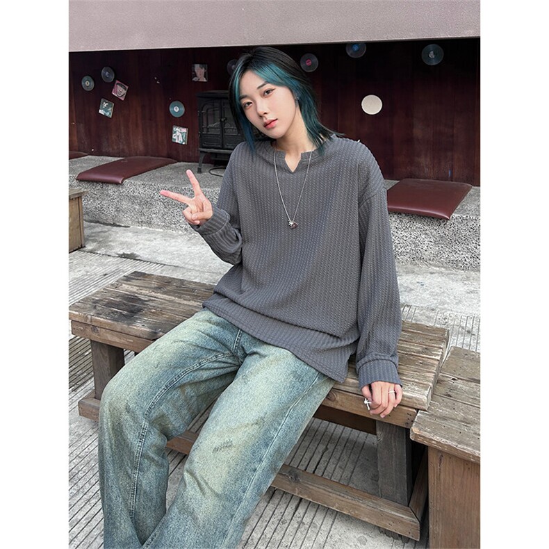 港风日系复古提花慵懒风宽松V领套头长袖T恤XZ213-V001-P35控48,男装T恤,星座213
