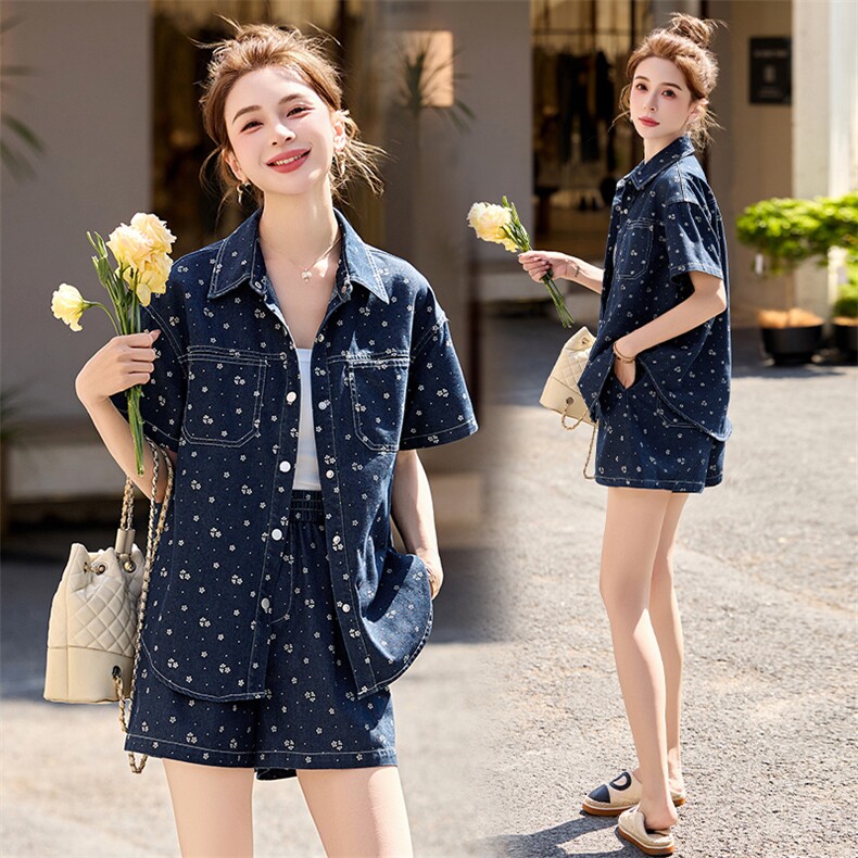 休闲复古印花牛仔套装女2025夏季新款短袖衬衫洋气减龄短裤两件套,女装套装/套裙,罗腾