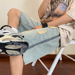 夏男破洞牛仔短裤开叉拉链渐变色短裤D6 P45图片