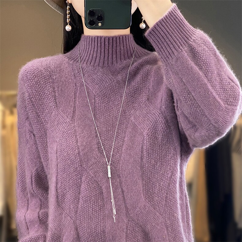 中长款半高领100%羊毛衫女扭花针织毛衣连衣裙宽松羊绒衫过膝长裙,女装羊毛衫,吉高羊绒