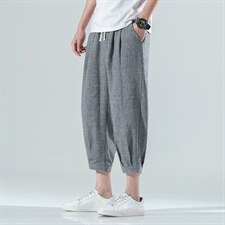 日系夏装薄款棉麻料七分裤大码冰丝休闲裤哈伦裤男士裤子935P45，男装牛仔裤，钱塘788(原4013)