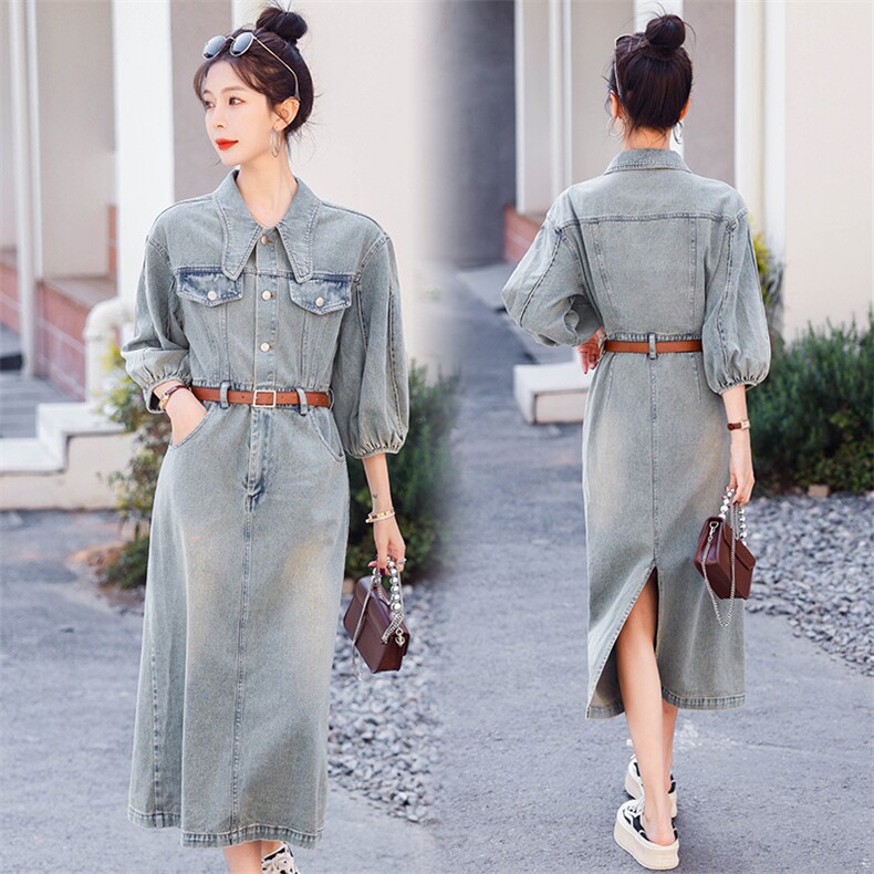2023年春夏季牛仔布优雅中长款H型中腰单排扣复古时尚牛仔连衣裙，女装牛仔裙，微微衣阁