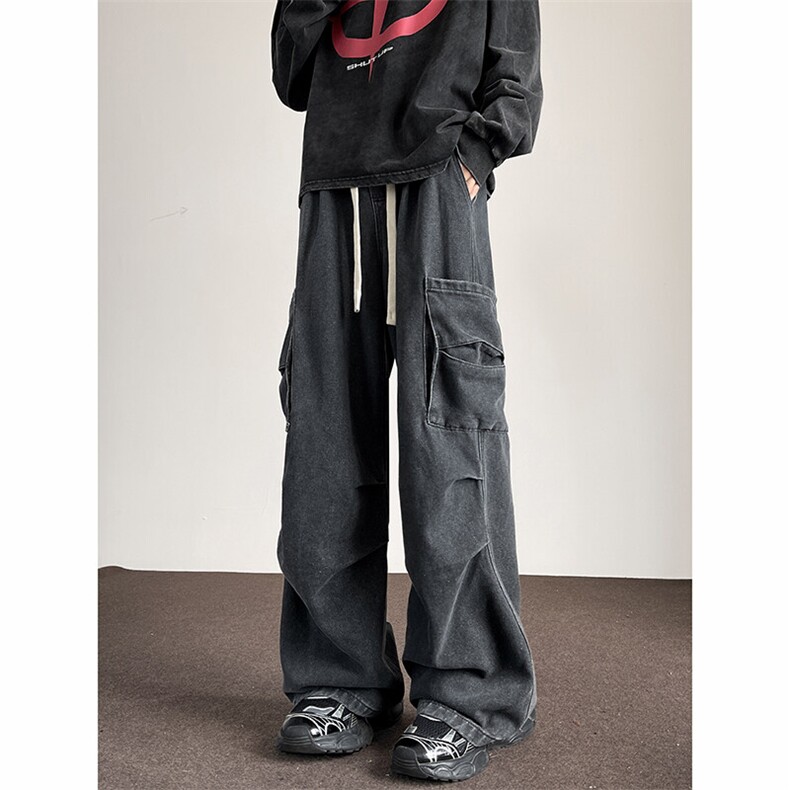 抽绳设计直筒牛仔裤复古潮流宽松百搭高街工装褶皱伞兵裤K646TP55，男装牛仔裤，电商A102B