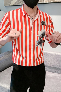 黑 痞帅男夏装中袖新款衬衫休闲印花寸衣男301A-1/CS362/P55图片