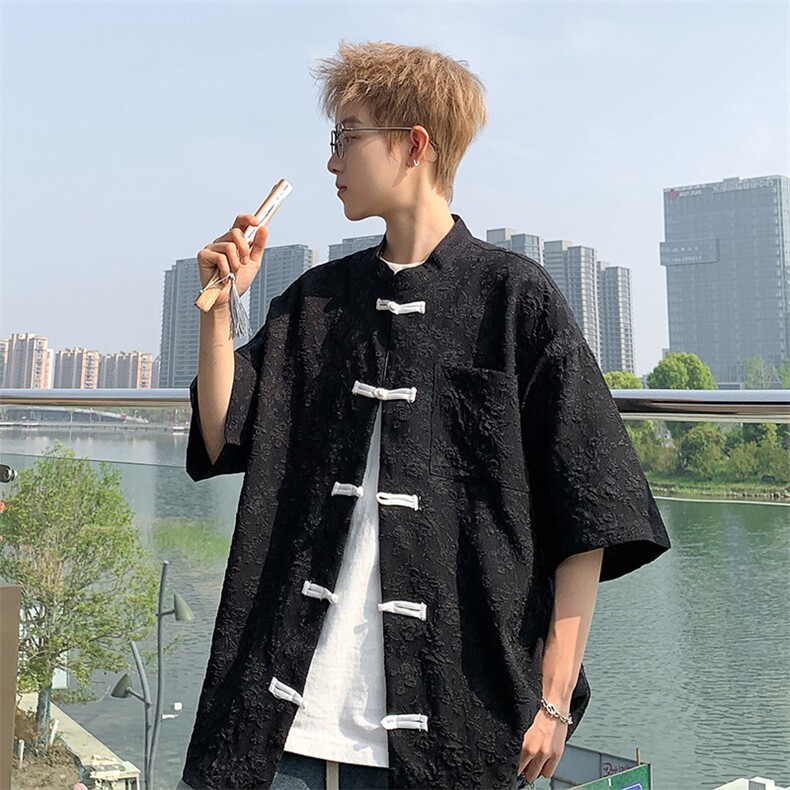 2026夏新款潮男新中式碎花盘扣短袖五分袖衬衫 CS380/特P35 黑色2图片
