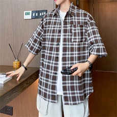 2024夏季新款港风日系复古宽松百搭翻领格子短袖衬衫男ZC736-P35，男装衬衫，星座313A(原308A-2)