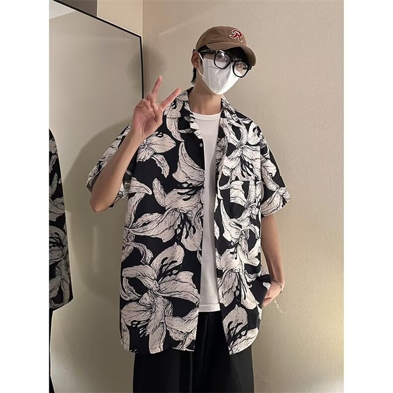 花衬衫男韩版潮流短袖痞子帅气高街2026夏季新款ins衬衣CY195-P26,男装T恤,星座412