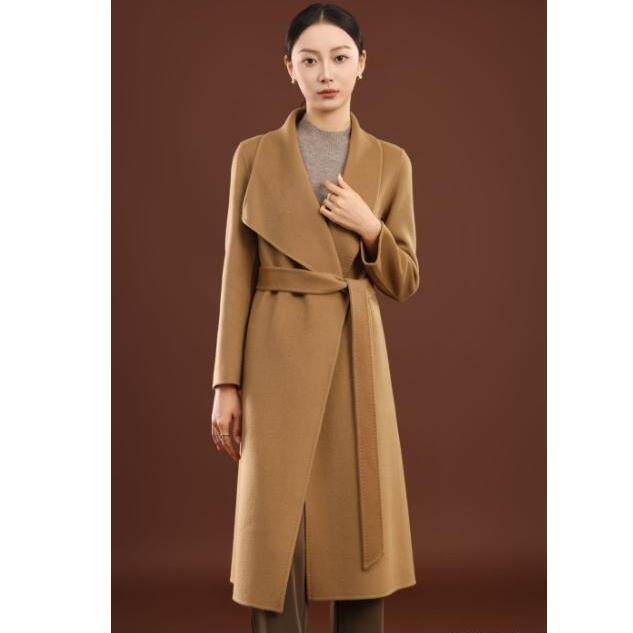 秋冬季纯山羊绒保暖无扣大翻领简约高级感长款羊绒大衣，女装羊绒大衣，卓冠羊绒