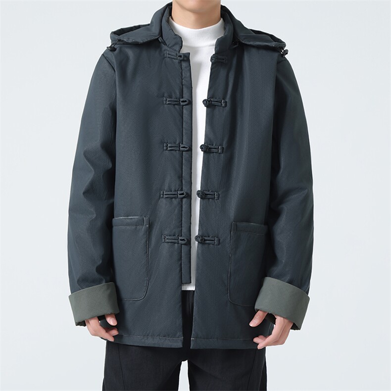9399^冬季新款男装保暖可拆卸帽羽绒服风中长款唐装外套图片