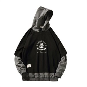 2021春季新款日系大码墙纸风男印花假两件套连帽卫衣W619-P55图片