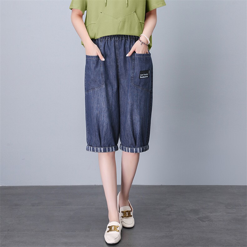 夏季时尚女装夏季流行新款宽松文艺拼接休闲六分哈伦牛仔裤女,女装牛仔裤,文熹诺
