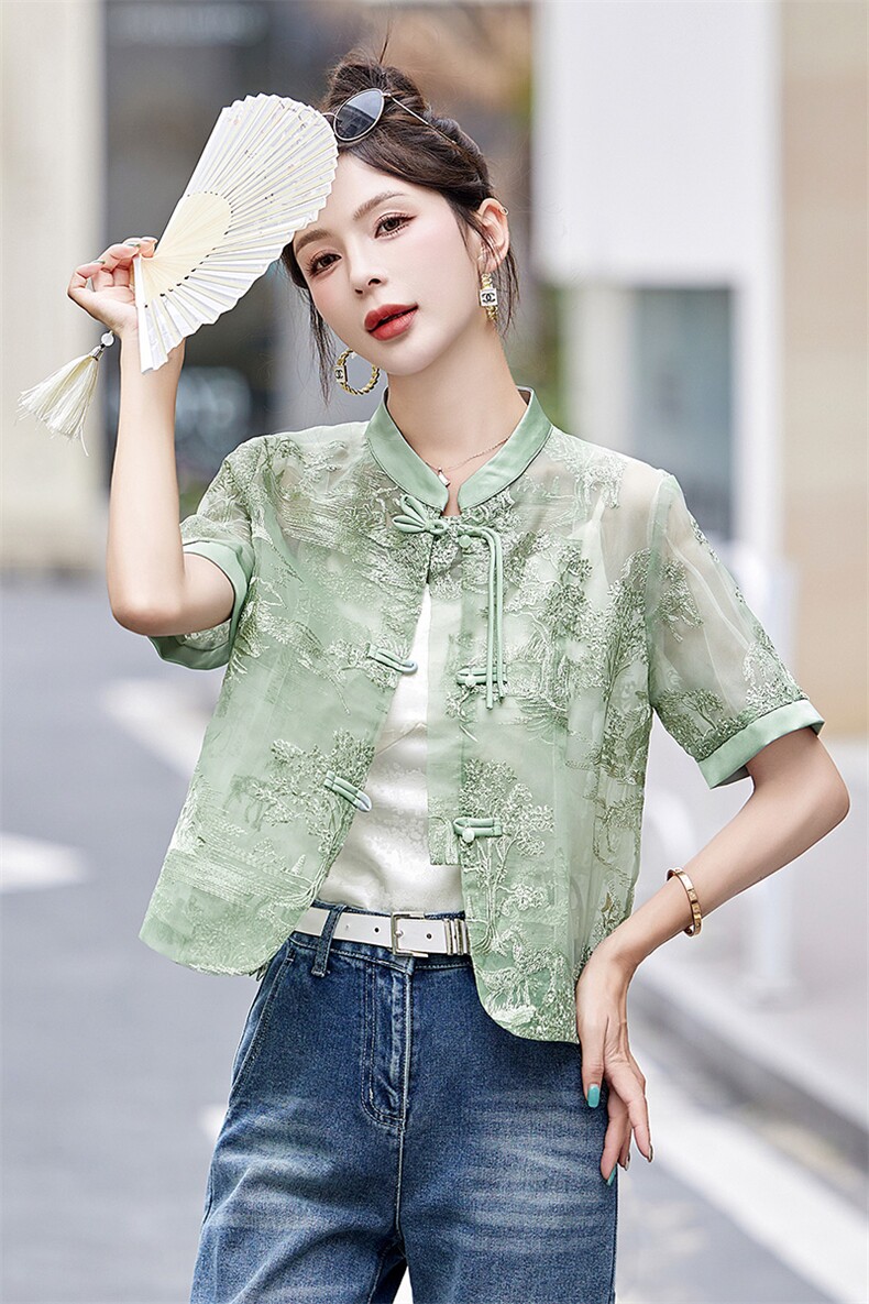 新中式国风刺绣短袖衬衫女夏季2024新款流行漂亮薄款防晒开衫上衣,女装短外套,伊仟回