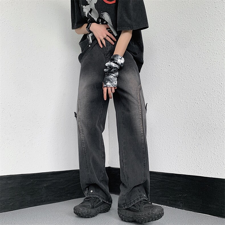 美式高街搭扣拉链牛仔裤水洗痞帅开叉裤313A-1-NZ034-P65控78,男装牛仔裤,星座808A-1