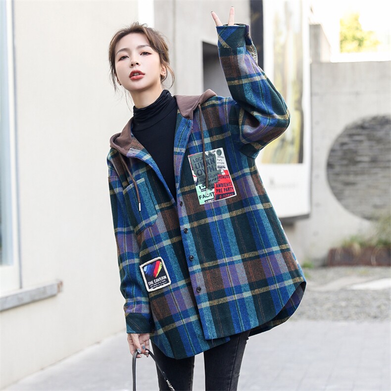 大码宽松微胖MM呢子外套2025秋装新款开衫连帽格子衬衫加厚衬衣冬，女装毛呢外套，意芙