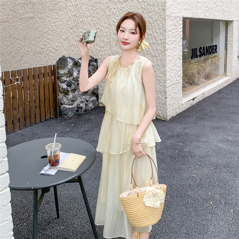 温柔风法式浪漫蓝色无袖背心连衣裙女夏2025新款独特漂亮显瘦长裙,女装连衣裙,1D102-1