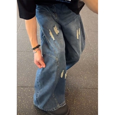 美式解构弯刀破洞牛仔裤男夏季高街复古潮牌宽松水洗休闲阔腿长裤，男装牛仔裤，星座601-1