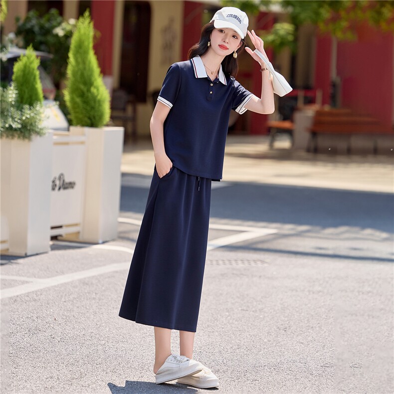 2026夏季新款学院风翻领短袖A字半裙套装女藏青色休闲质感两件套,女装套装/套裙,欧米莱