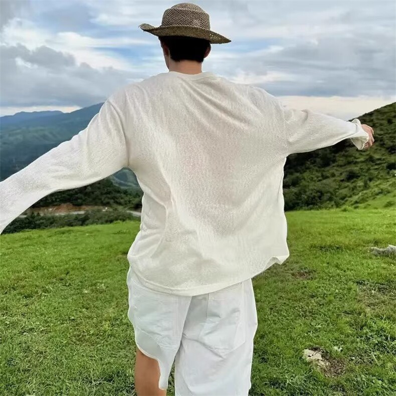 新贵老钱风长袖薄纱罩衫t恤男款夏季慵懒松弛高级感内搭打底上衣,男装T恤,星座218-1（原230）
