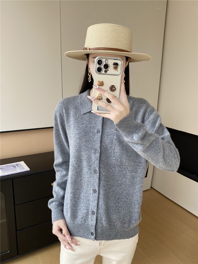 2025年秋季长袖时尚百搭通勤polo领开衫，女装羊绒衫，米哆哆羊绒