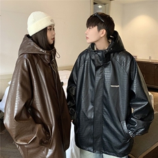 1港风连帽鳄鱼纹PU皮大码M-5XL情侣女冲锋衣夹克男JK8744P90控128，男装夹克，星座226-2