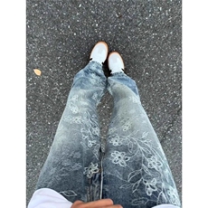 提花牛仔裤男秋季美式高街vibe裤cleanfit宽松直筒休闲裤，男装牛仔裤，星座410-7