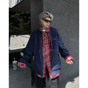 美式小众格子拼接假两件外套男女春季复古工装飞行员夹克棒球服潮图片