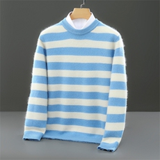 2025年秋季套头直筒型圆领时尚百度撞色条纹，男装羊毛衫，宇灿羊绒
