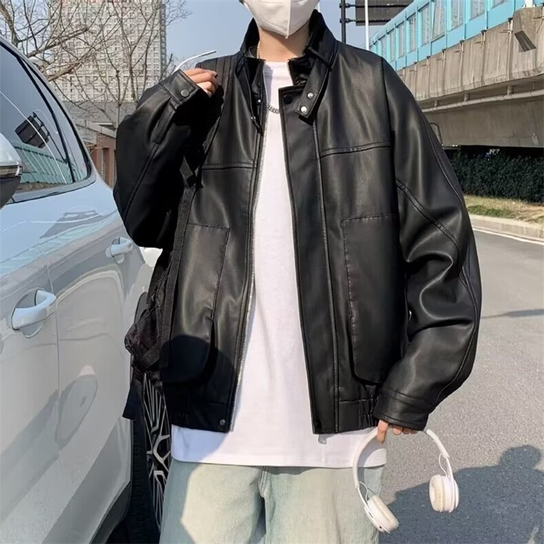 港风秋款男机车立领皮夹克工装织带宽松皮外套JK948P88,男装夹克,星座1013-1