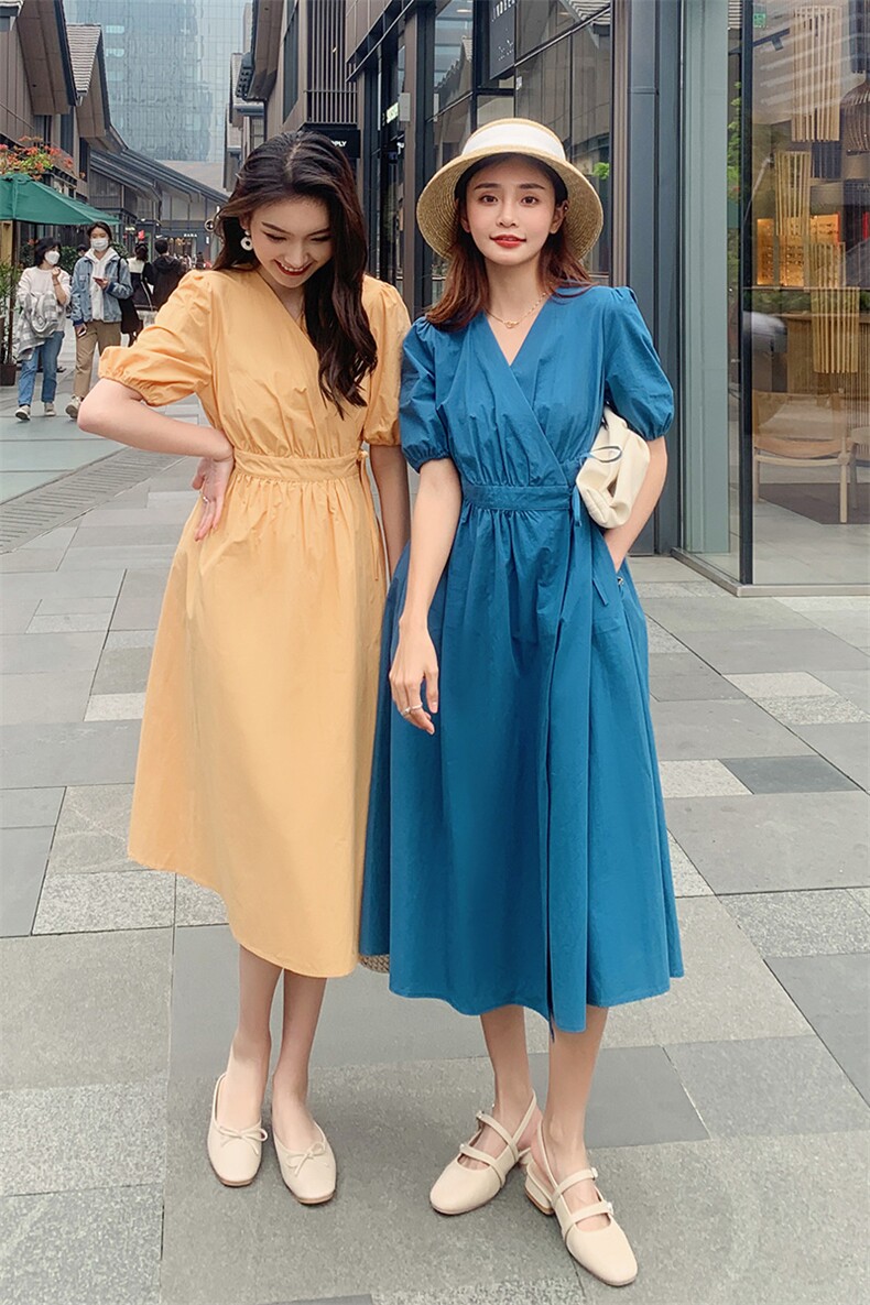 现货2021夏季双系带泡泡袖连衣裙浙宝292A货号W002,女装连衣裙,时倾STUDIO
