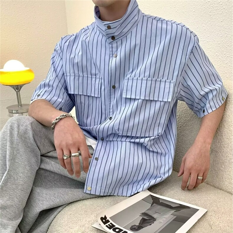 日系浅色条纹衬衫外套男潮流痞帅宽松休闲少年感简约口袋长袖衬衣，男装衬衫，星座506A