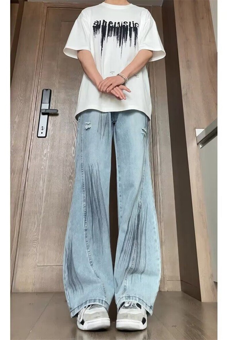 美式高街微喇叭牛仔裤拼接直筒裤水洗做旧毛边休闲裤潮24129P50,男装牛仔裤,电商D256-2(原A064-2)