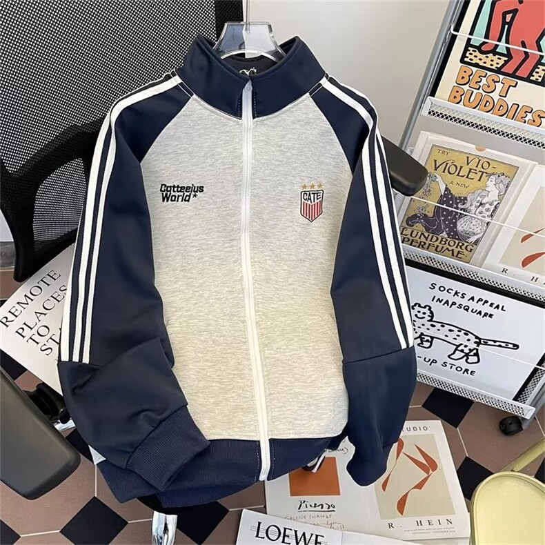 秋男开衫卫衣字母刺绣三条杠条纹拼色运动外套WY63P45,女装短外套,星座1013-1